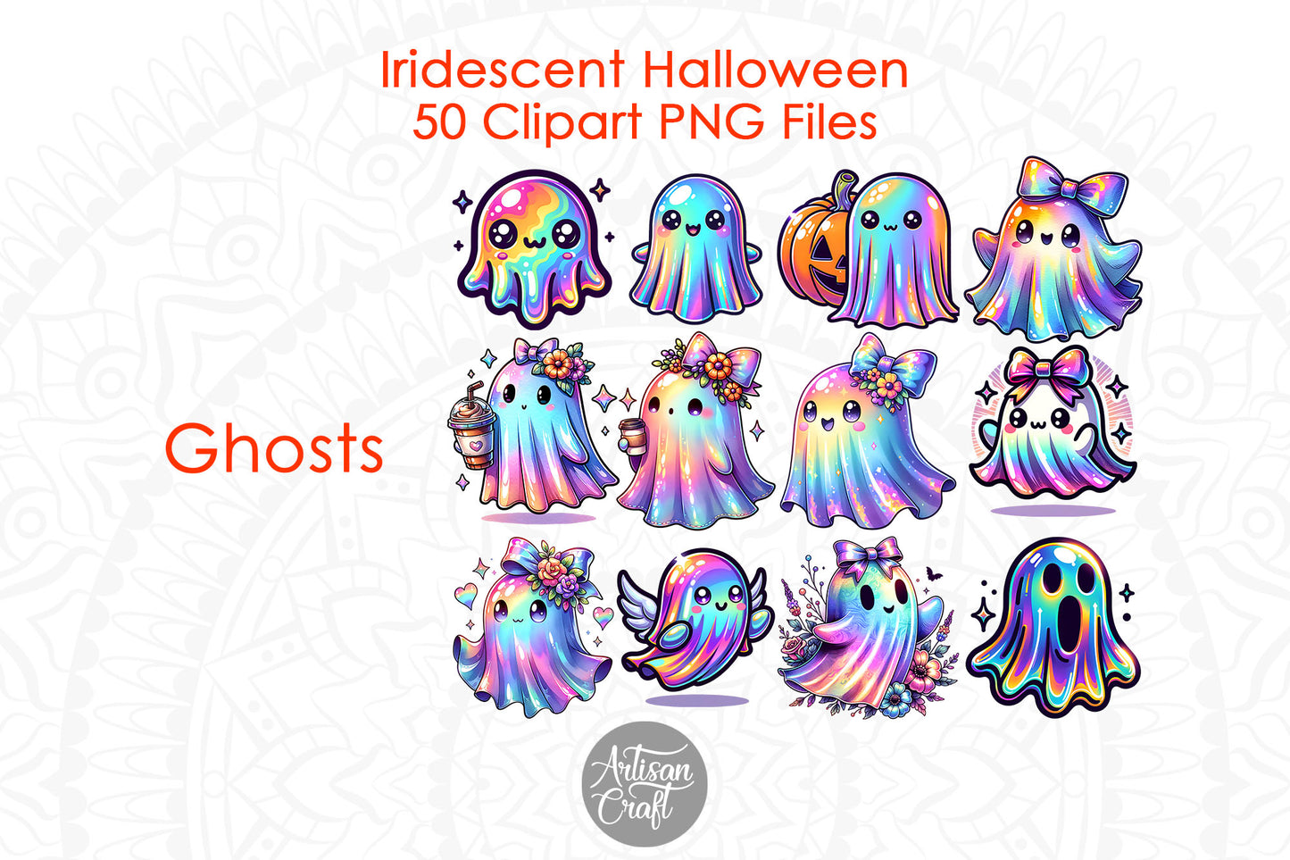 Iridescent Halloween Clipart, Halloween ghost, Coquette bow, dancing skeletons, cats, bats, witches hat, sugar skull, 50 PNG Images