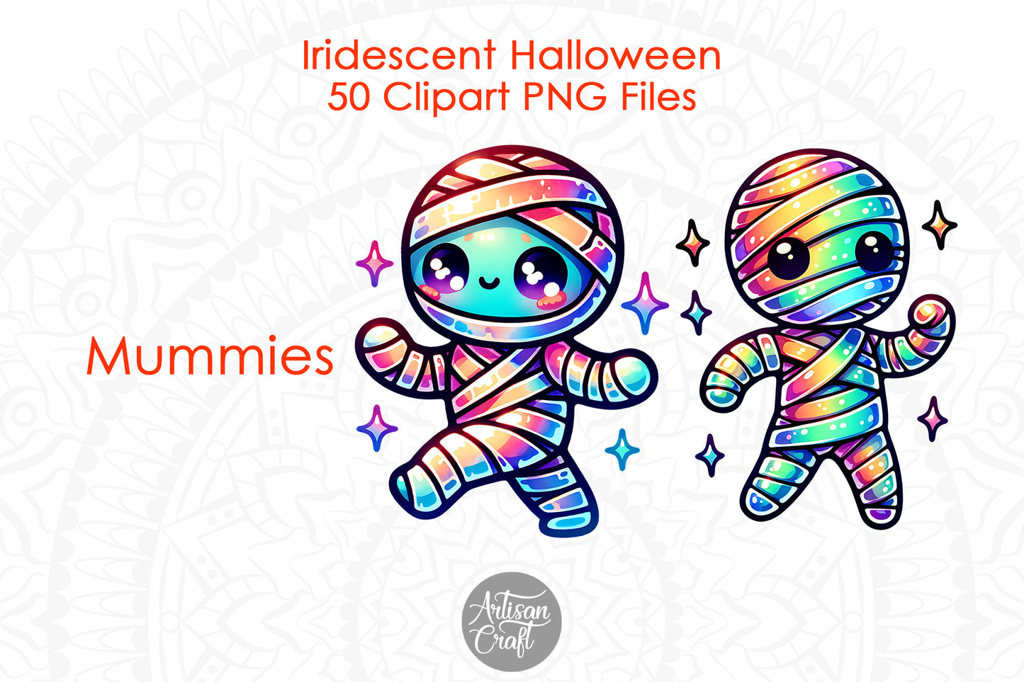 Iridescent Halloween Clipart, Halloween ghost, Coquette bow, dancing skeletons, cats, bats, witches hat, sugar skull, 50 PNG Images