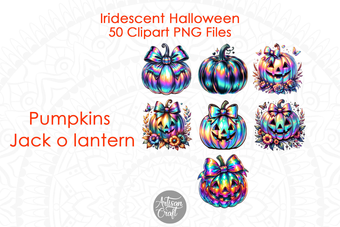 Iridescent Halloween Clipart, Halloween ghost, Coquette bow, dancing skeletons, cats, bats, witches hat, sugar skull, 50 PNG Images
