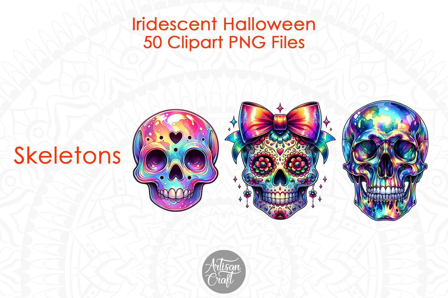 Iridescent Halloween Clipart, Halloween ghost, Coquette bow, dancing skeletons, cats, bats, witches hat, sugar skull, 50 PNG Images