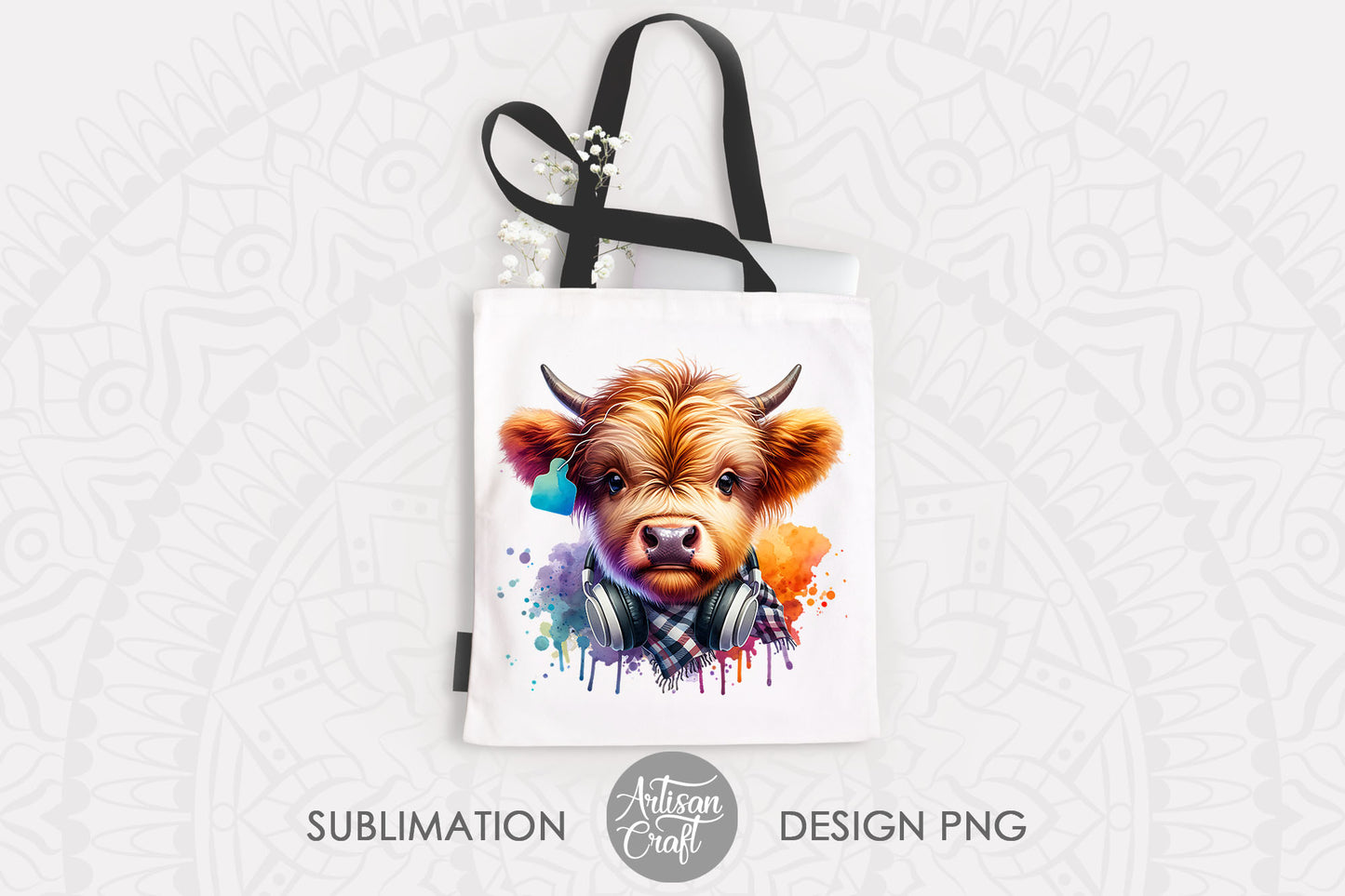 Cute highland cow wearing headphones, plaid scarf, ear tag