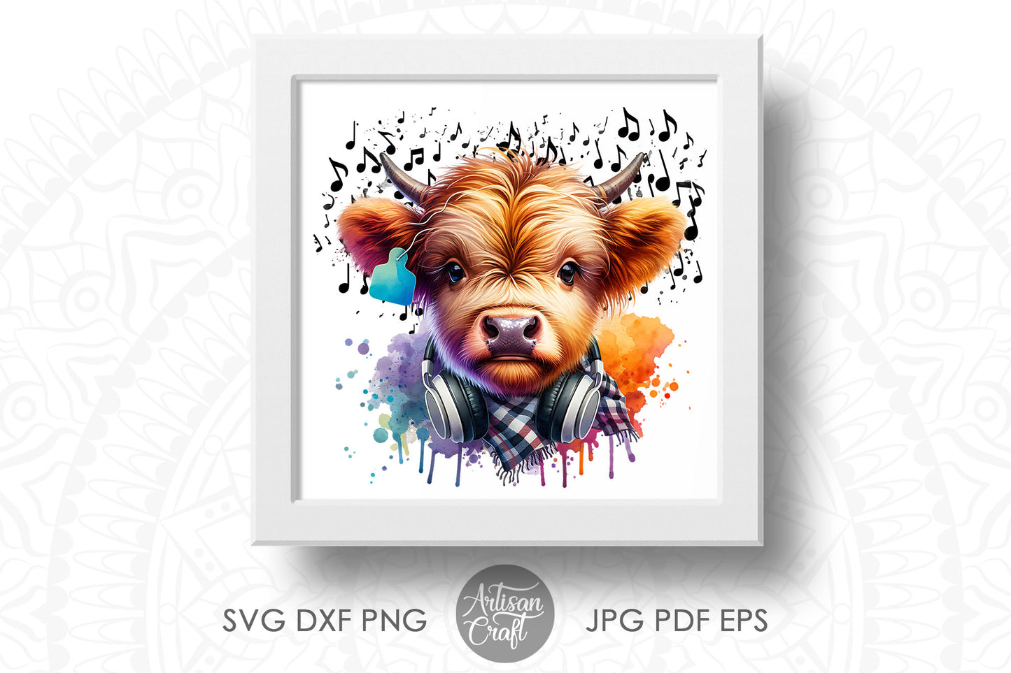 Cute highland cow wearing headphones, plaid scarf, ear tag