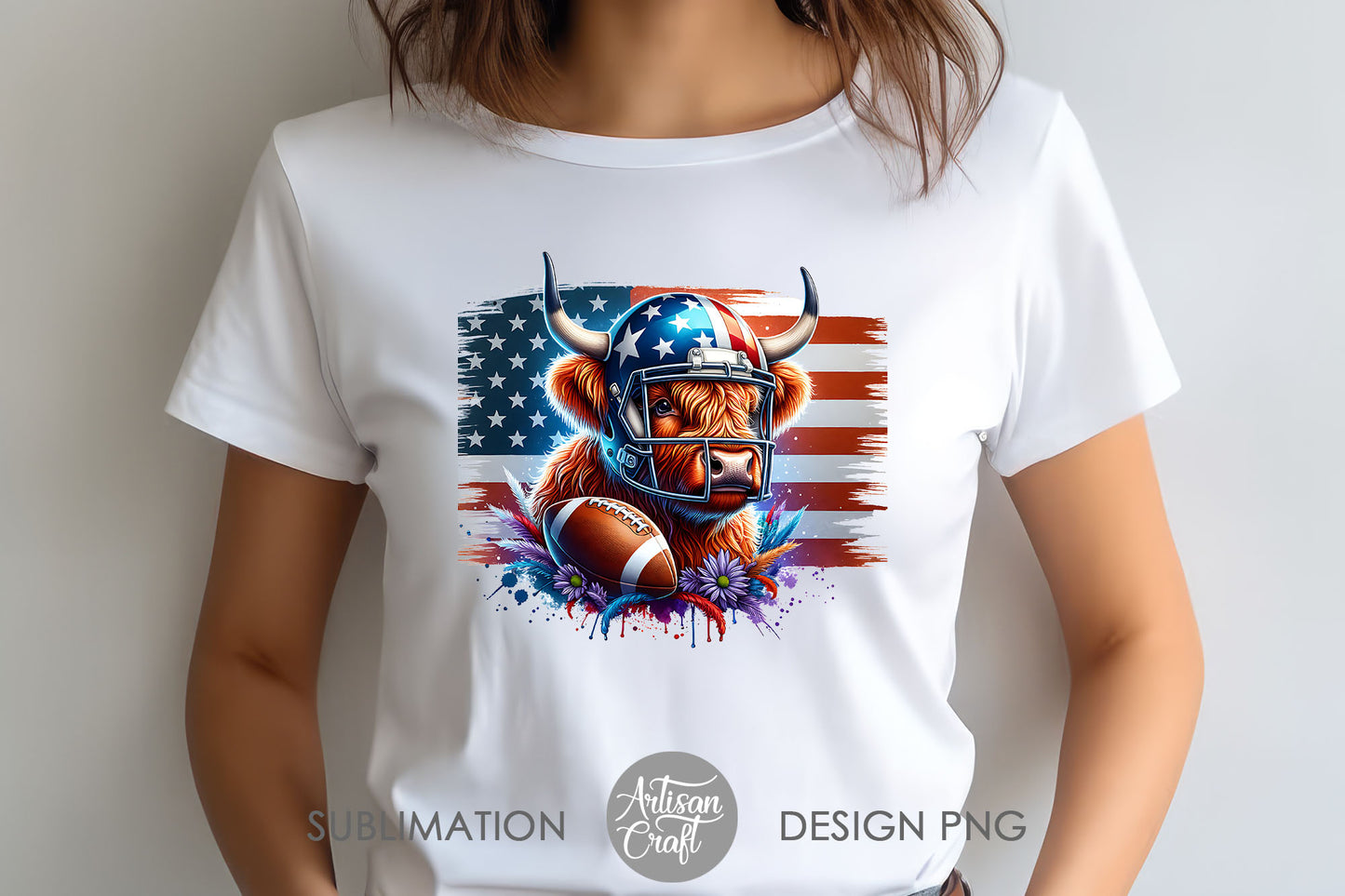 Patriotic Highland Cow, American football PNG