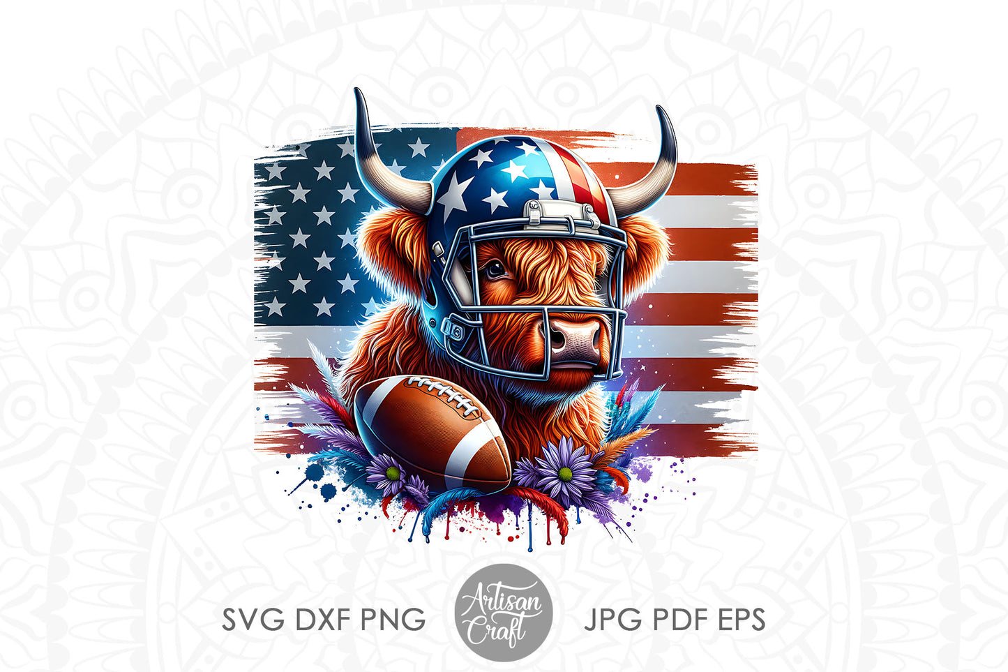 Patriotic Highland Cow, American football PNG