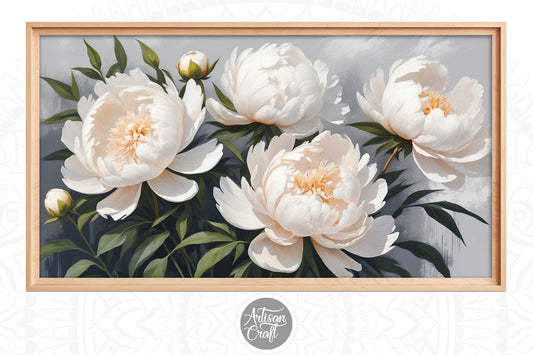 Peonies Frame TV art, white flower painting, Spring Flowers Frame