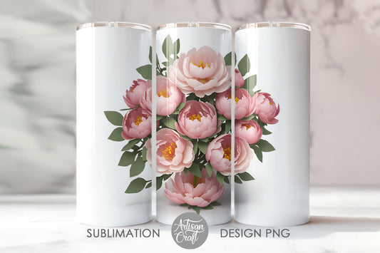 3D Peonies, Peony tumbler design, 20z tumbler