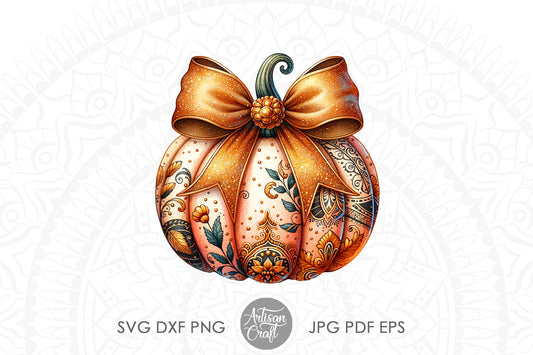 Pumpkin With Coquette Bow, gold glitter