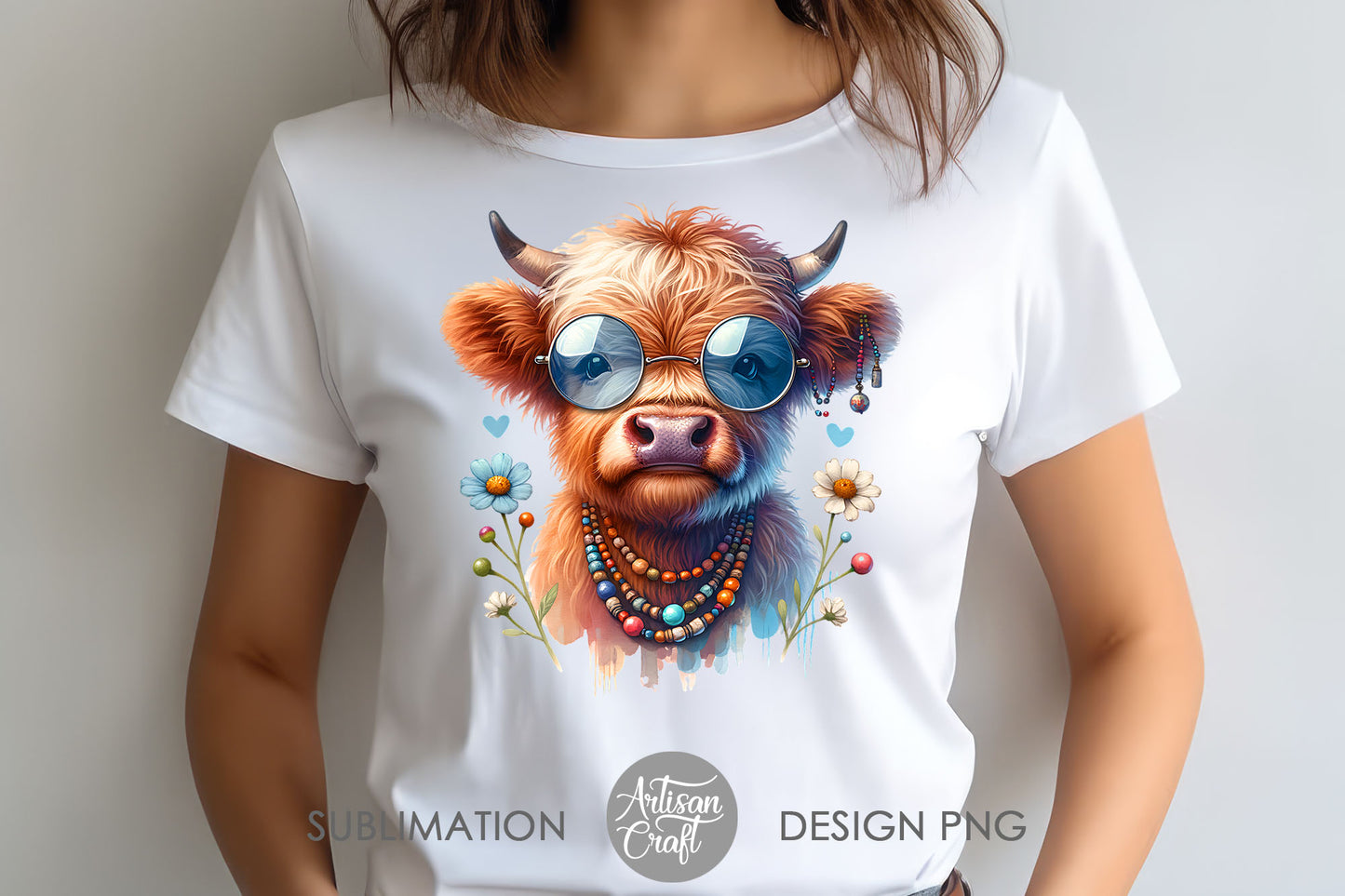 Hippie Highland Cow wearing glasses | beads | flowers