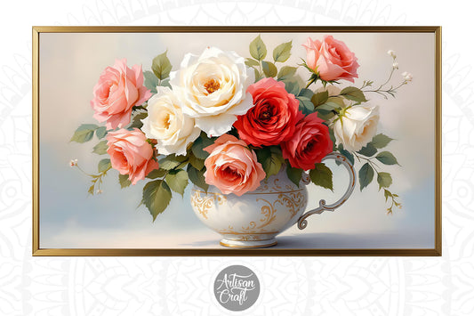 Rose frame TV art, rose painting with gold frame