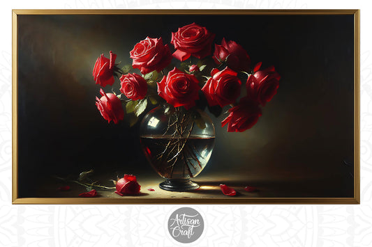 Rose Frame TV art, glass vase, dark, Valentine Frame TV art