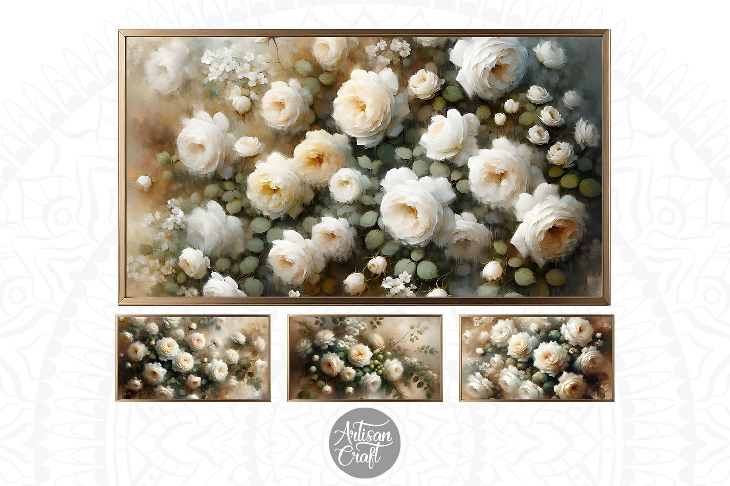 White roses Frame TV art, white rose oil painting