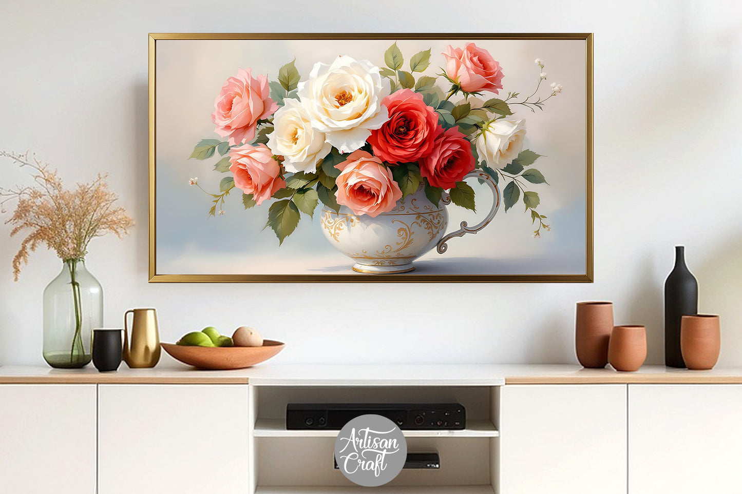 Rose frame TV art, rose painting with gold frame