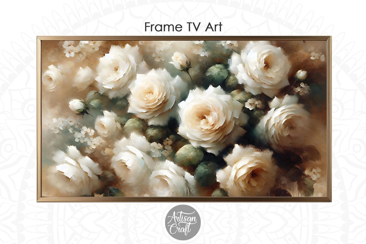 White roses Frame TV art, white rose oil painting