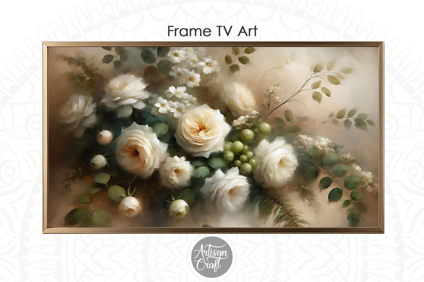 White roses Frame TV art, white rose oil painting