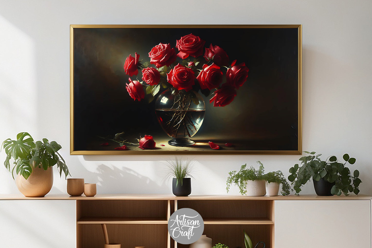 Rose Frame TV art, glass vase, dark, Valentine Frame TV art