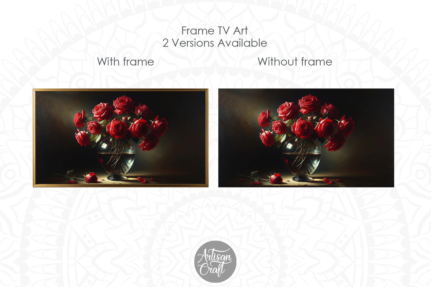 Rose Frame TV art, glass vase, dark, Valentine Frame TV art