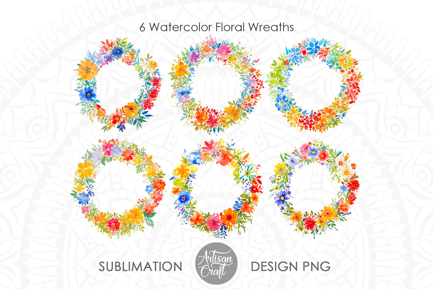 Watercolor floral wreath, PNG files, clipart