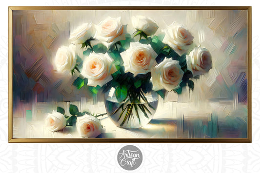 White rose Frame TV art, white flowers TV art, vase roses décor