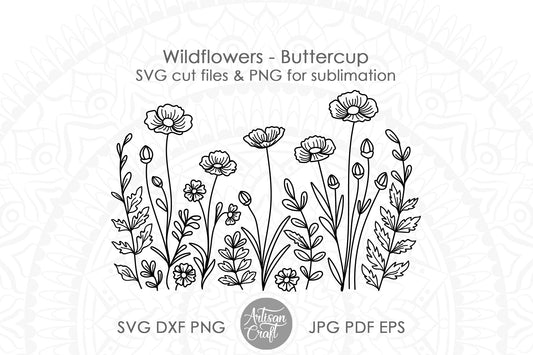 Wildflowers SVG, buttercup flower SVG, Wildflower Field, Floral Line Drawing