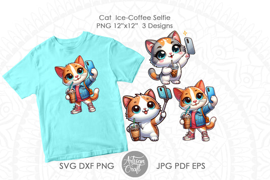 Cat selfie ,cute cat clipart, ice coffee cup, funny cats