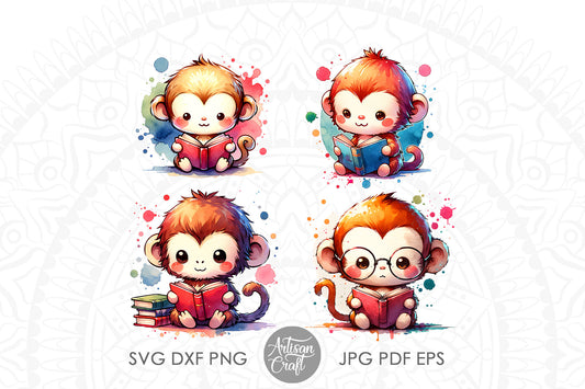 Cute Monkey reading book watercolor clipart bundle