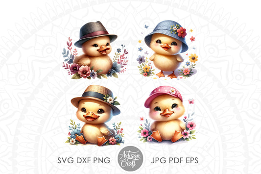 Watercolor duckling clipart wearing hats