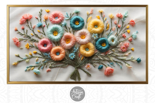 Floral embroidery design | Embroidered Frame TV art | TV screensaver | Spring TV art | Spring Floral