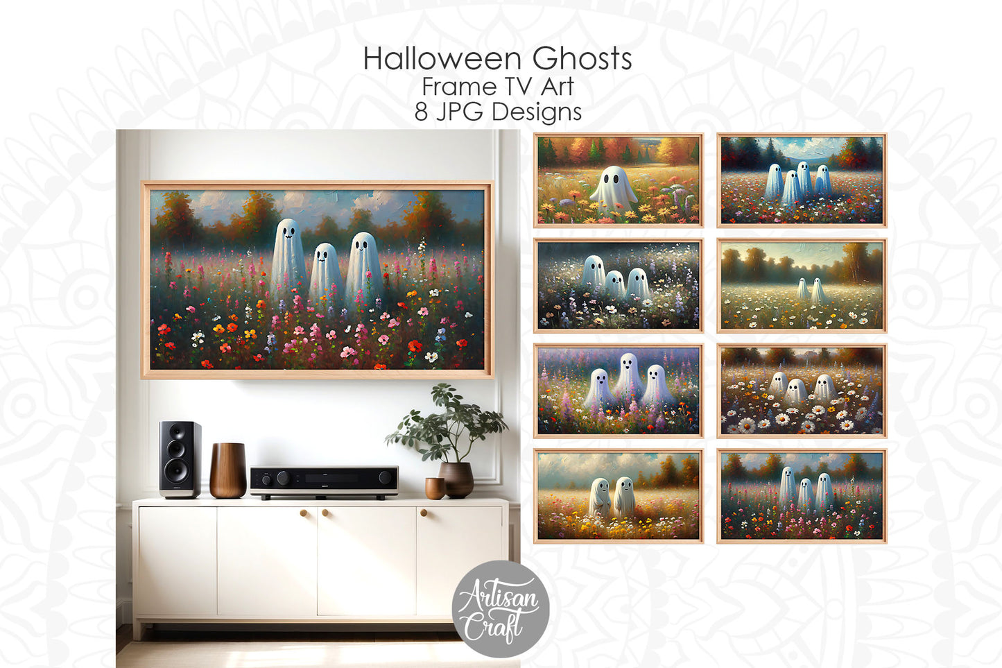 Halloween ghost in field of wildflowers, Frame TV Art