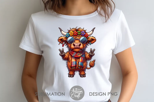 Hippie Highland Cow, peace sign, hippie cow, Quirky Animal