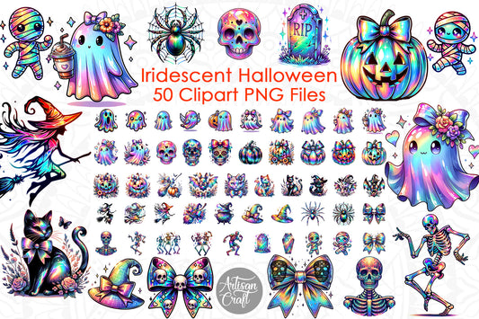 Iridescent Halloween Clipart, Halloween ghost, Coquette bow, dancing skeletons, cats, bats, witches hat, sugar skull, 50 PNG Images