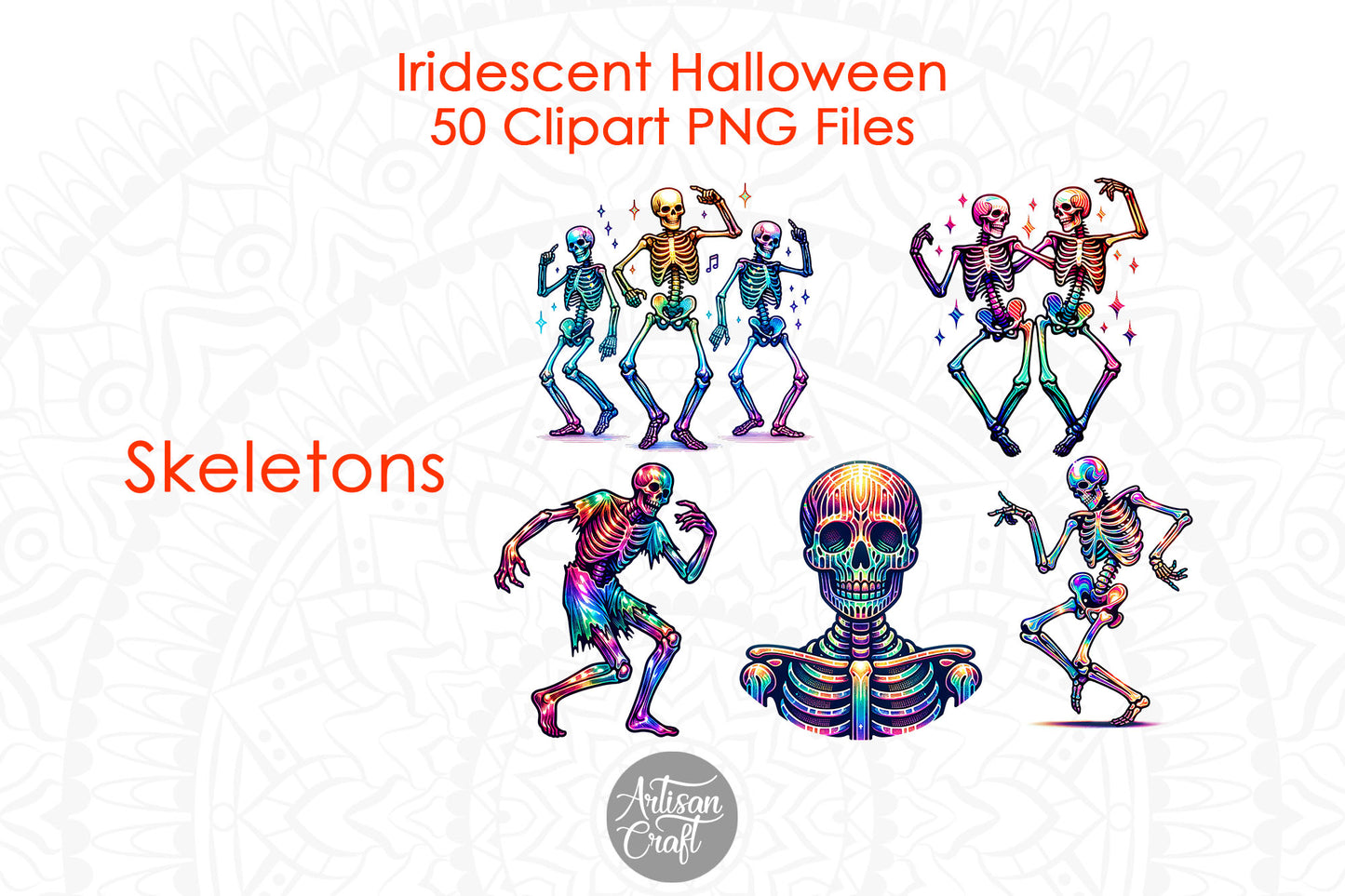 Iridescent Halloween Clipart, Halloween ghost, Coquette bow, dancing skeletons, cats, bats, witches hat, sugar skull, 50 PNG Images