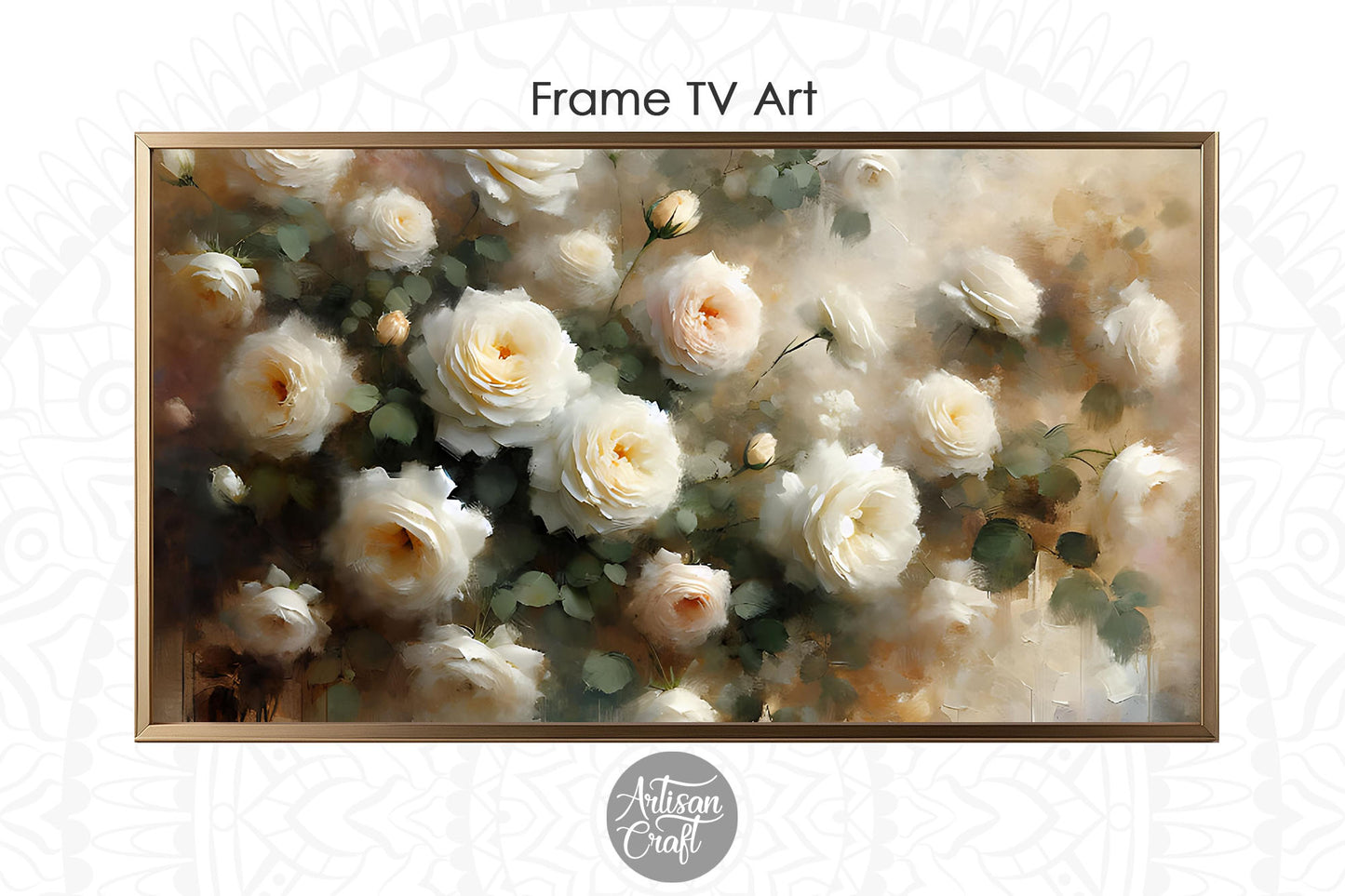 White roses Frame TV art, white rose oil painting