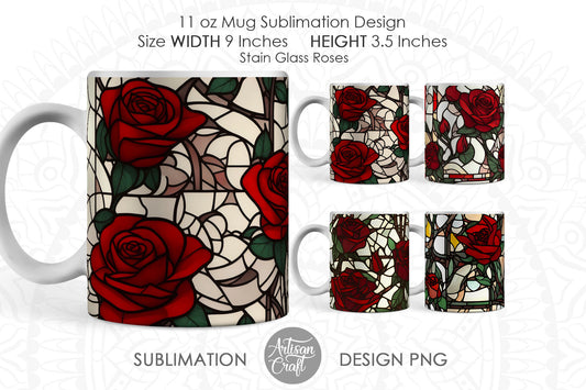 Stained glass roses mug sublimation wraps, 11oz mug