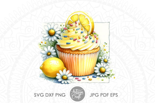 Watercolor cupcake clipart with lemons and daisies, Lemon Clipart, watercolor clipart