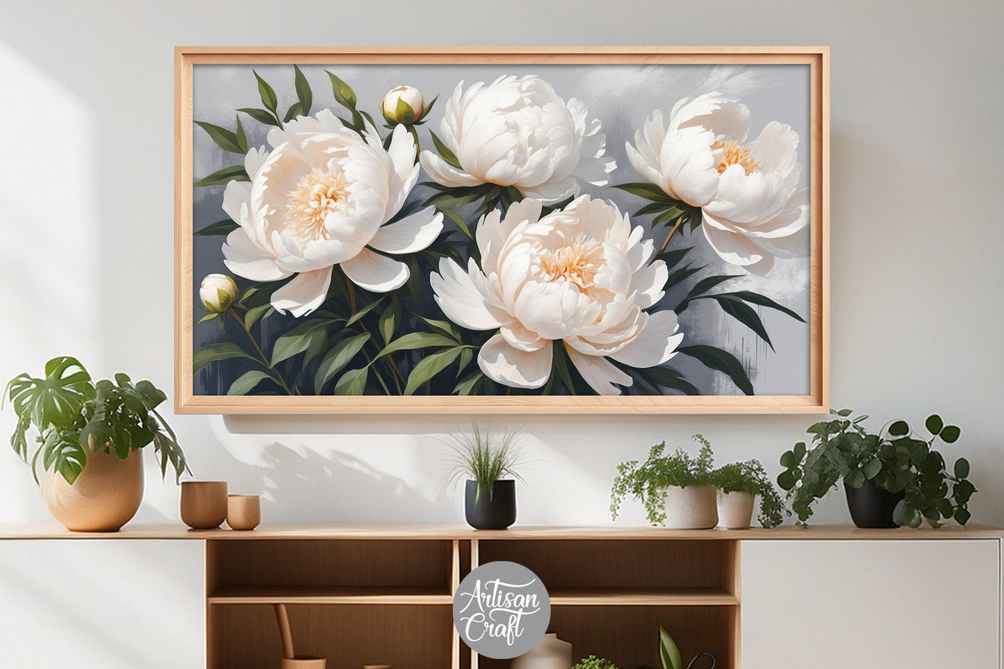 Peonies Frame TV art, white flower painting, Spring Flowers Frame