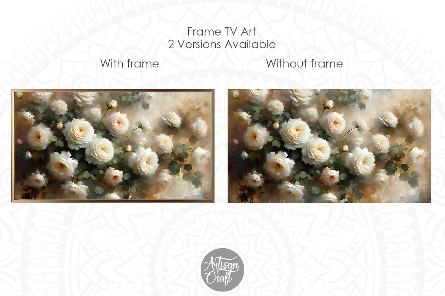 White roses Frame TV art, white rose oil painting