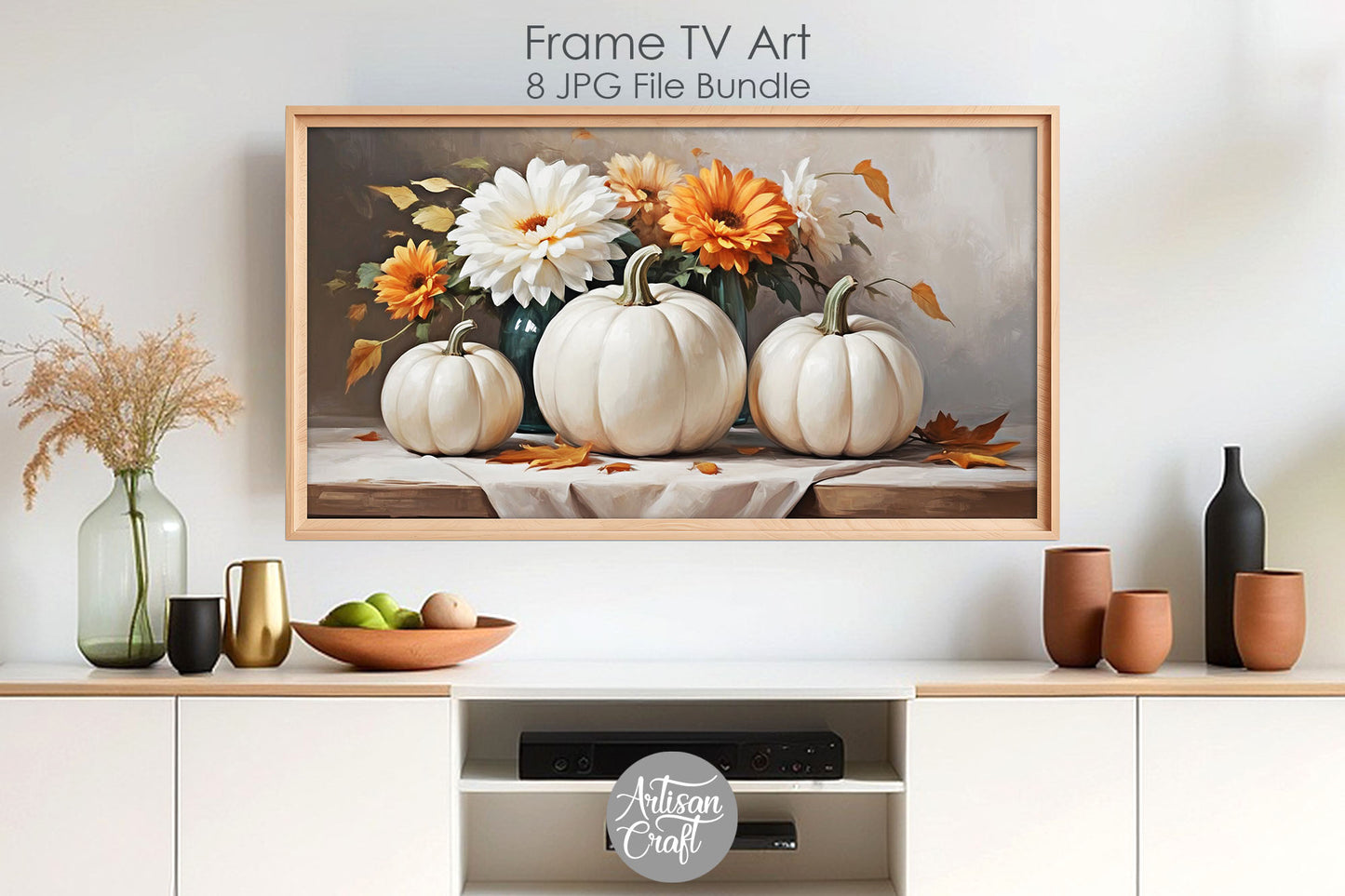 White pumpkin, fall Frame TV art, floral frame TV art, thanksgiving decorations