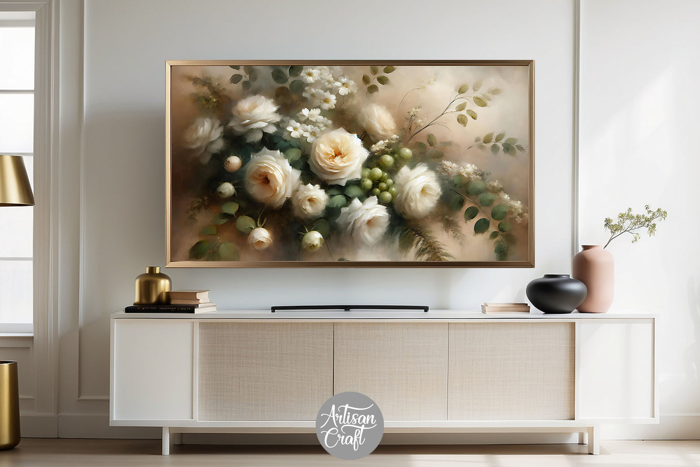 White roses Frame TV art, white rose oil painting