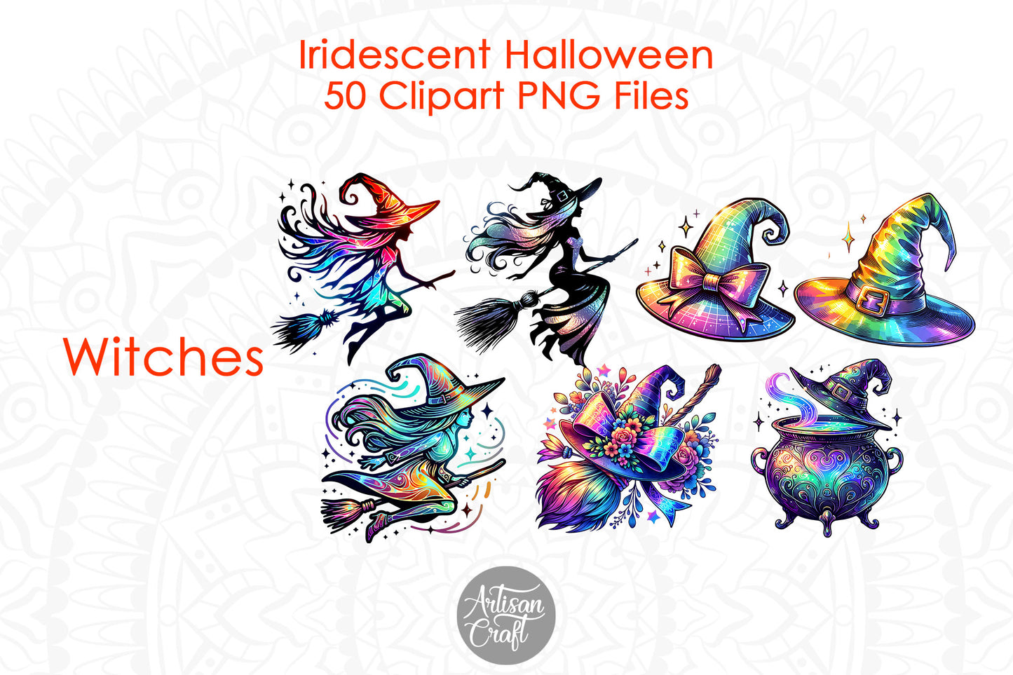 Iridescent Halloween Clipart, Halloween ghost, Coquette bow, dancing skeletons, cats, bats, witches hat, sugar skull, 50 PNG Images