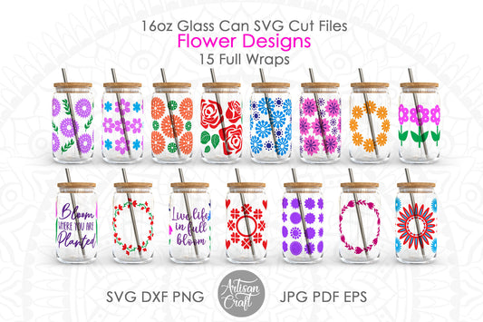 16oz Glass can SVG with flower design