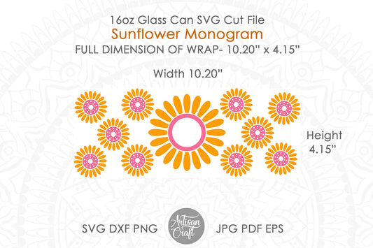 16oz glass can SVG with Sunflower monogram