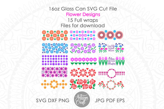 16oz Glass can SVG with flower design