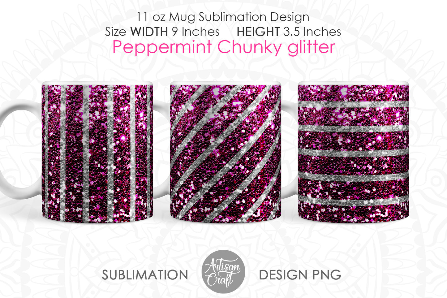 Christmas mug PNG sublimation bundle showing pink peppermint stripes