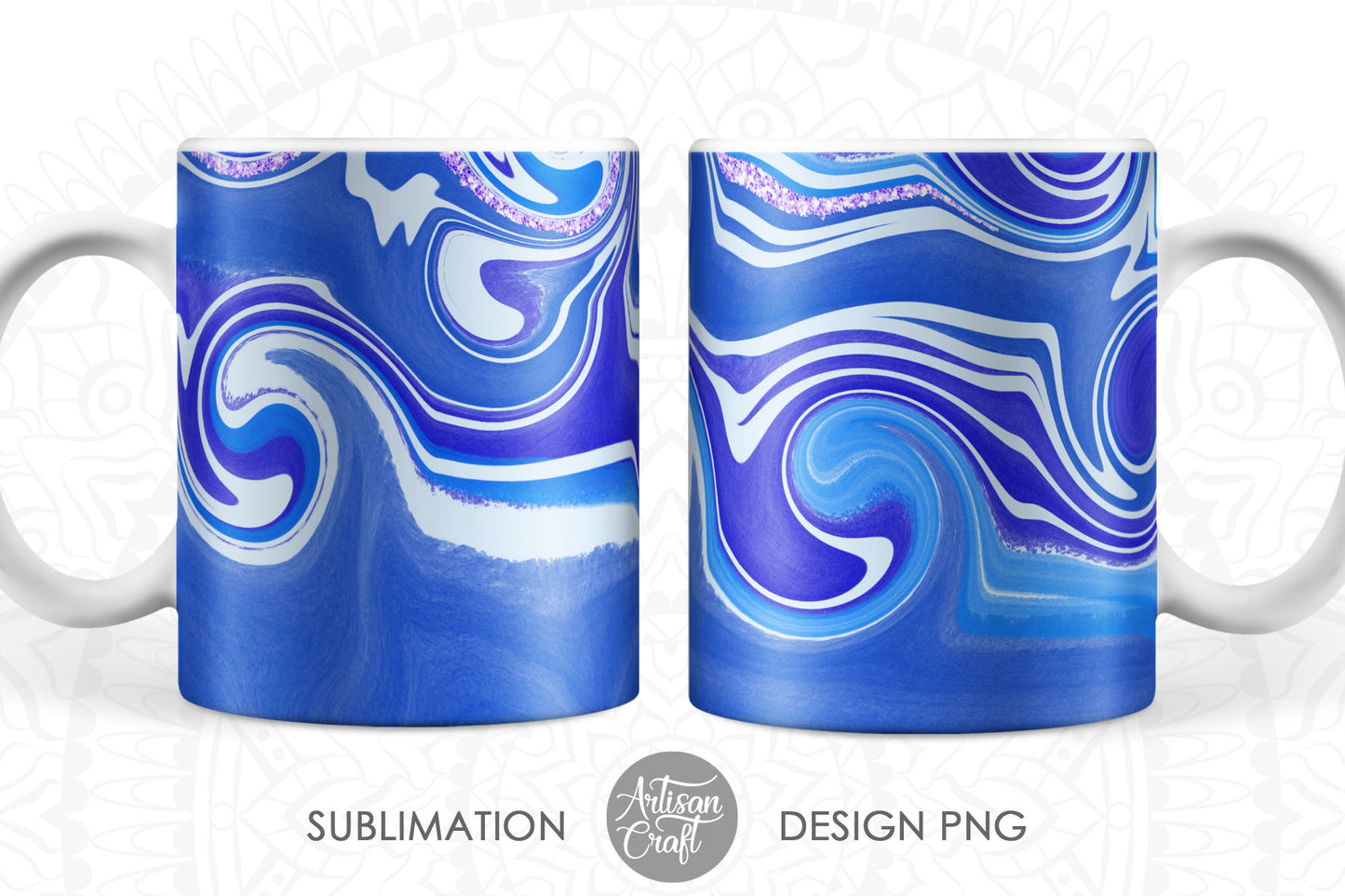 Mug designs PNG for sublimation with blue swirl marble