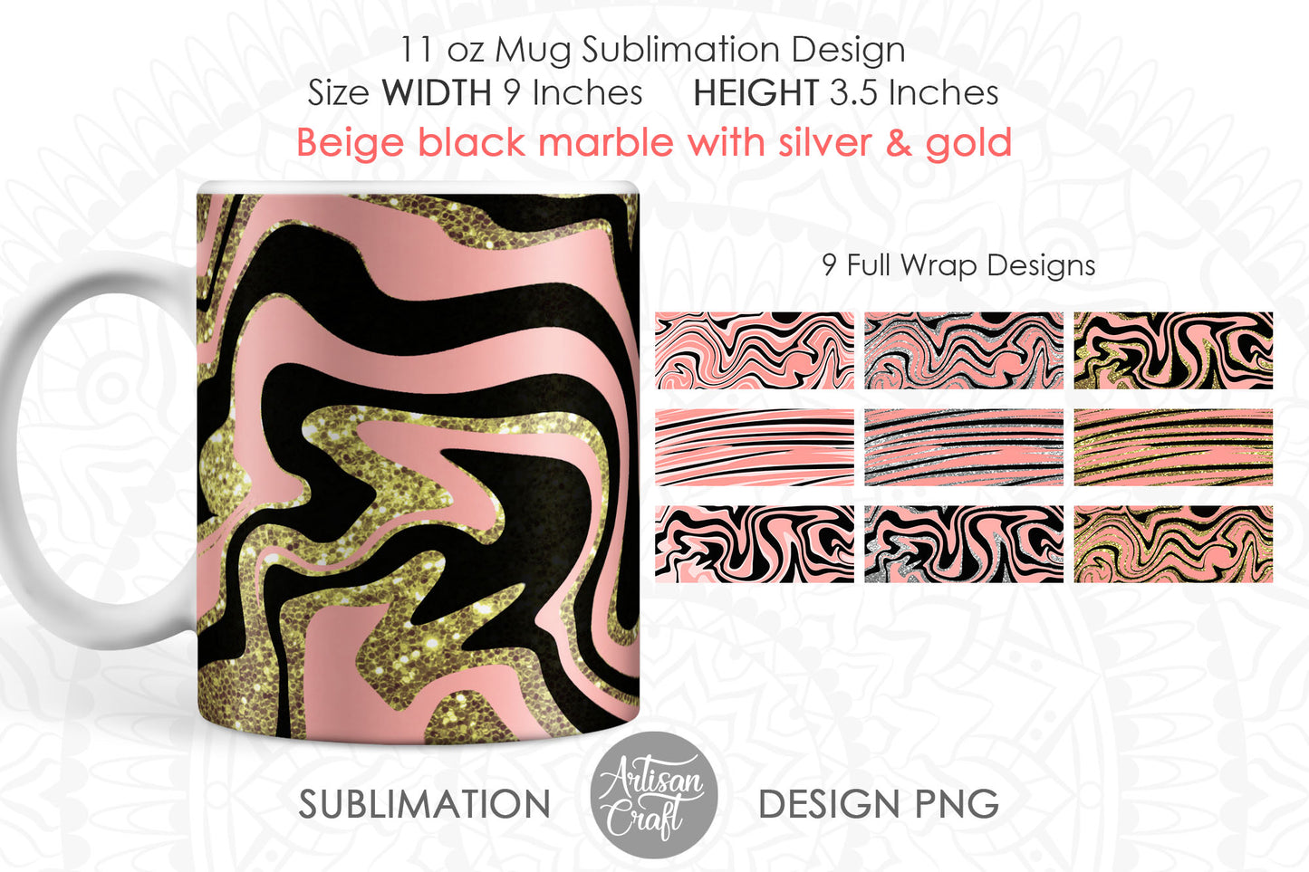 Sublimation mug PNG in beige and black fluid art with glitter