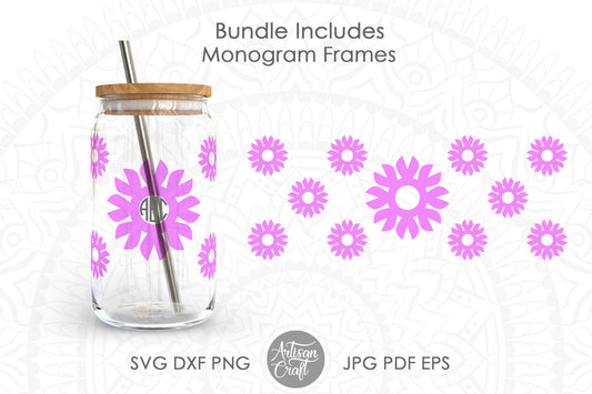 16oz glass can SVG showing flower and monogram