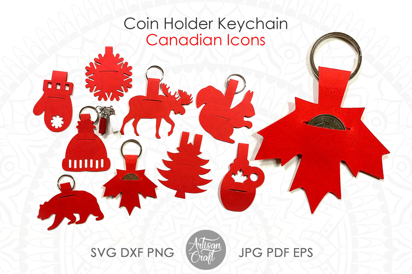 Coin holder keychain showing Canadian icons