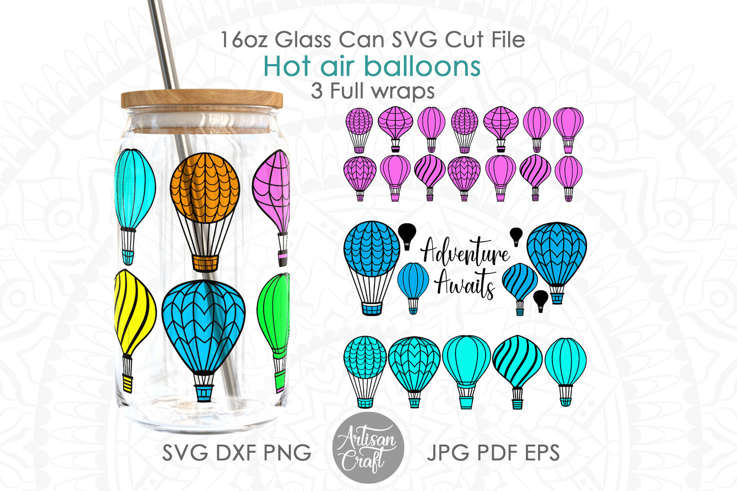 16oz glass can SVG showing hot air balloons