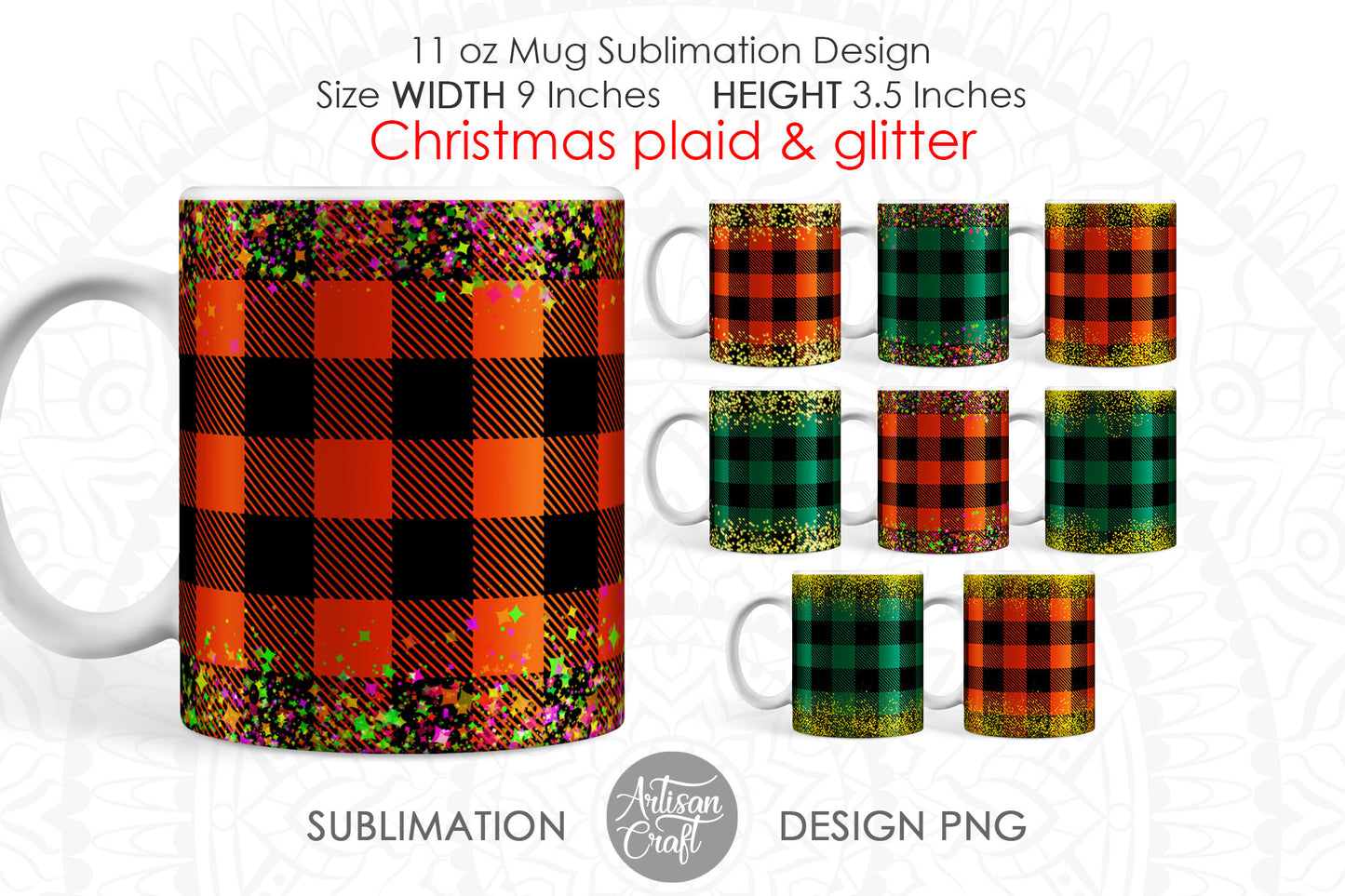 Christmas mug sublimation designs with plaid and glitter