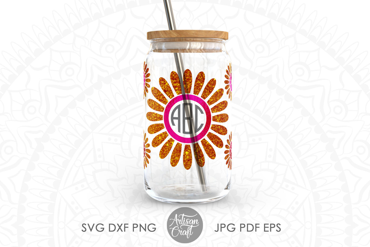 16oz glass can SVG with Sunflower monogram